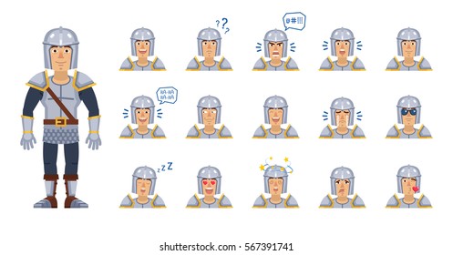 Big set of knight emoticons. Medieval knight avatars showing different facial expressions. Happy, sad, smile, laugh, cry, surprised, serious, sleepy and other emotions. Simple vector illustration