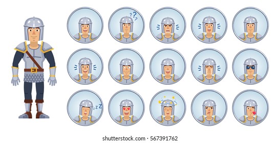 Big set of knight emoticons. Medieval knight avatars showing different facial expressions. Happy, sad, smile, laugh, cry, surprised, serious, sleepy and other emotions. Simple vector illustration