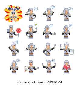 Big set of knight emoticons showing different actions, gestures, emotions. Cheerful knight talking on phone, holding stop sign, reading a book and doing other actions. Simple vector illustration