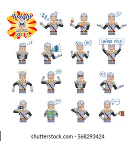 Big set of knight emoticons showing different actions, gestures, emotions. Cheerful knight singing, sleeping, holding banner, loudspeaker, map and doing other actions. Simple vector illustration