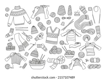 Big set of knitting elements in doodle. Handmade knitted clothes, various skeins of yarn, needles and hooks, accessories. Handicraft hobby objects. Isolated hand drawn sketch vector illustration