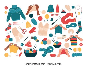 Big set of knitting elements. Handmade knitted clothes, various skeins of yarn, needles and hooks, accessories. Collection of handicraft hobby objects. Isolated flat hand drawn vector illustration