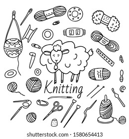 Big set of knitting equipment. Hand drawn icons of tools and materials: row counter, wool, yarn, spool, scissors, needle, thimble, stitch markers, clews, knitting needles, yarn holders, crochet hook.