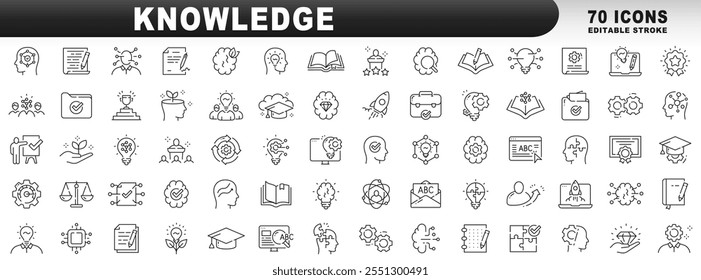 Grande conjunto de ícones de linha relacionados ao conhecimento. Educação, cérebro, memória, aprendizagem etc. Traçado editável