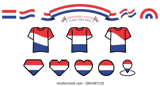 Big set of label, stickers, pointer, badge, symbol and page curl with Netherlands flag icon on design element. Collection vector illustration. Isolated on white background.