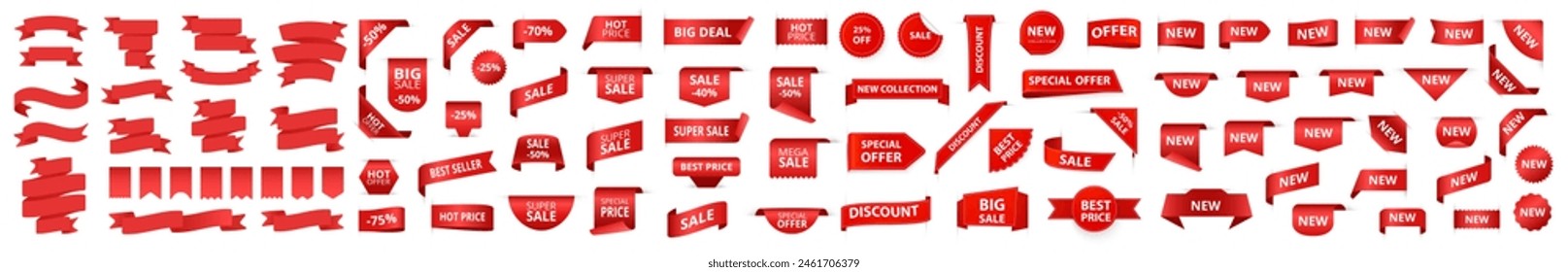 Big set label tags, realistic red price ribbon. Red sale stickers, best sellers, hot price, special offers. Promotional emblems and discounts for shops isolated vector set. Badges for stores