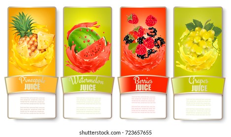 Big set of labels with fruit in juice splash. Pineapple, watermelon, raspberry, blackberry, grapes. Vector.