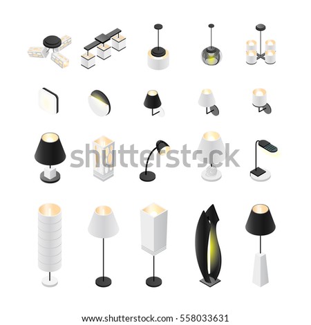 Big set of lamps. 3D lamp isolated on white background. Isometric lamps, floor, ceiling, wall lights. Vector illustration.