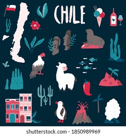 Big set of landmarks, symbols of Chile, South America. Bundle of vector illustrations, icons