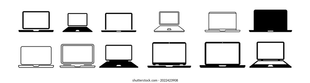 Gran juego de iconos de laptops. Portátil de estilo diferente. Colección de portátiles o equipos portátiles. Iconos planos y de línea. Ilustración del vector aislada en fondo blanco.EPS10