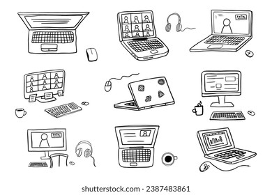 Gran conjunto de laptops, computadoras con mouse de PC, teclado y auriculares. Oficina, oficina en el hogar, trabajo independiente, coworking, enseñanza o estudio en el hogar. Trabajando en línea. Dibujo de mano