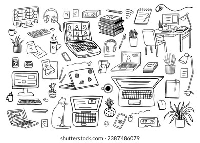 Big set of laptops, computers with PC mouse, keyboard, headphones, books, plants. Office, home office, freelance work, coworking, teaching or studying at home. Working online. Hand drawn. Doodles