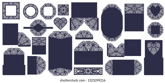 Big set of laser cut template. Wedding  and party collection: cards, invitation, menu, panel, heart, square, round, envelope. Openwork lace templates for laser cutting, paper cut and wood carving. 