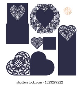 Big set of laser cut template. Wedding  and party collection: cards, invitation, menu, panel, heart, square, round, envelope. Openwork lace templates for laser cutting, paper cut and wood carving. 