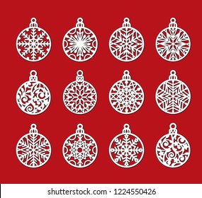 Big set of laser cutting template of Christmas balls with snowflakes. Xmas tree decoration for paper cut out. Silhouette of openwork spheres with lace ornament. Vector illustration on red background.