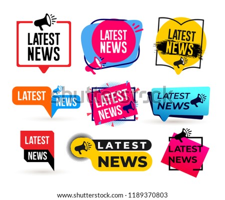 Big Set of Latest news megaphone label. Vector illustration. Isolated on white background.