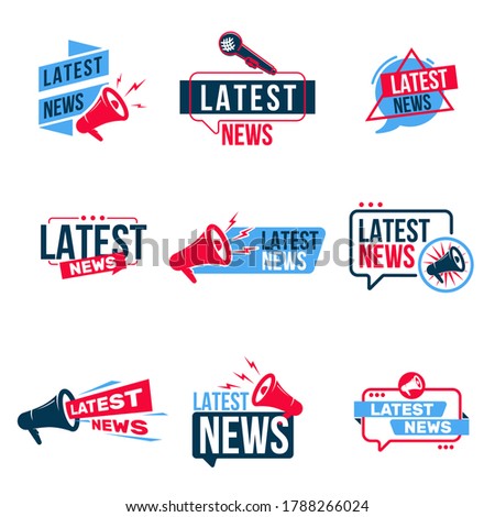 Big Set of Latest news megaphone microphone label. Vector illustration. Isolated on white background.