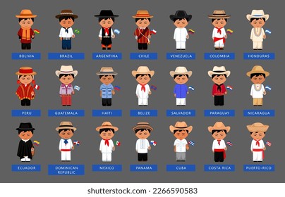 Big set of Latin American men wearing ethnic clothes with natoinal flag. Male cartoon characters in traditional costume. South and Central America. Vector flat illustration.