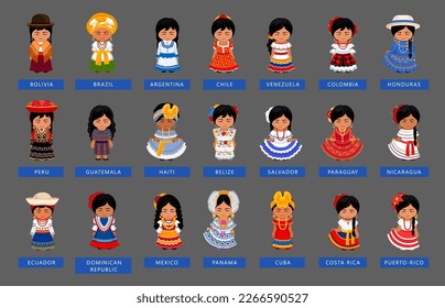 Gran grupo de mujeres latinoamericanas usando vestimenta étnica nacional. Personajes de dibujos animados femeninos con traje tradicional. Ropa popular. Sudamérica y Centroamérica. Ilustración plana vectorial.