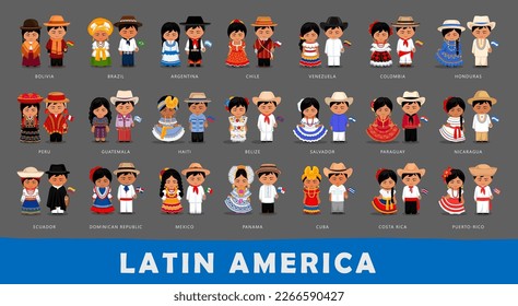 Gran grupo de personajes de caricatura latinoamericanos disfrazados de nacionales. Pareja con ropa étnica tradicional. Mujer con vestido nacional y hombre con bandera. Ilustración plana vectorial.