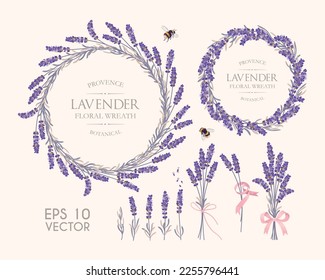 Big set of lavender flowers and wreaths