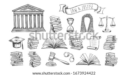 Big set Law symbols. Vector hand drawn illustration.	