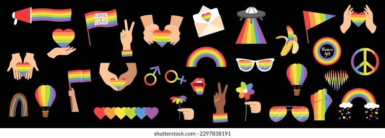 Big set of LBGT symbols on black background. Big collection of rainbow pride concept. Vector illustration.