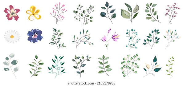 BIG set of leaves and flowers. Abstract floral design. Hand drawn.