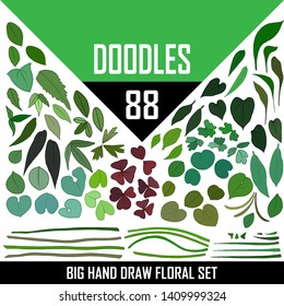 Big set of leaves, hand draw. Colorful elements pack for design decor, ornament and sticker.