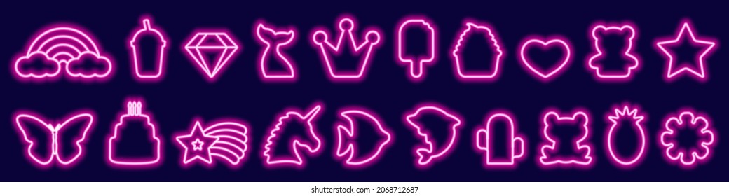 Big set of led fantasy birthday, food, animal neon frames in trendy pink color. Glow symbols and characters, unicorn, rainbow, butterfly, crown, star, cake. Vector illustration in neon style for