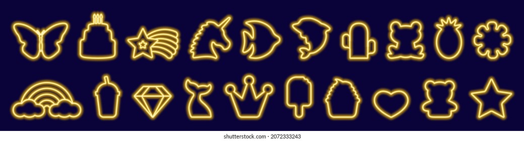 Big set of led fantasy birthday, food, animal neon frames in trendy yellow color. Glow symbols and characters, unicorn, rainbow, butterfly, crown, star, cake. Vector illustration in neon style for