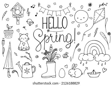 Big set with lettering and elements on spring and Easter themed isolated on white. Simple doodle clipart. Vector illustration. Perfect for baby projects, coloring book, banner, poster, print, textile.