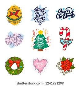 Big set of Lettering Merry Christmas and Happy New Year typographic emblems. Vector design Usable for banners, greeting cards gifts etc.