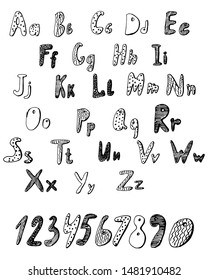 Big set, letters and numbers. The alphabet in an easy, trend, Doodle style. typographic design for poster, banner, print, children's playroom decoration or greeting card. Cute educational in vector