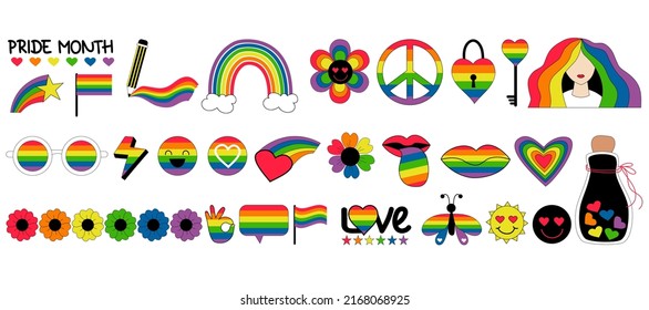 Big set LGBT badges.LGBTQ community vector symbols and LGBT Pride Month icons with pride flags, retro rainbow elements, heart, reconciliation symbol, love element. Gay Pride, groovy celebration