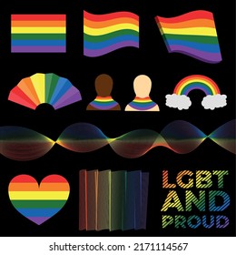 Big set of LGBT Pride. LGBT flags. Vector illustration of lgbt and rainbow icons. 
Heart, fan, people and the phrase "LGBT and proud".