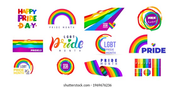 Big set of LGBT Pride Month 2021. Celebrated annual. LGBT flag brush stroke. Pride day line abstract logo. Human rights and tolerance. Vector illustration isolated on white background.