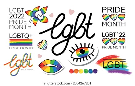 gran juego de Mes del Orgullo LGBT 2022. logos, íconos, stickers e inscripciones con símbolos de la comunidad LGBTQ+. símbolos vectores de apoyo a LGBT. aislado por capas sobre blanco para cualquier diseño.
