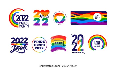 Big set of LGBT Pride Month 2022. Celebrated annual. LGBT flag brush stroke. Pride day line abstract logo. Human rights and tolerance. Vector illustration isolated on white background.