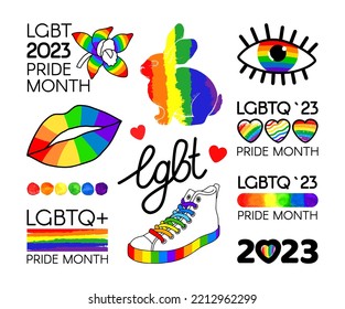 Gran conjunto del Mes del Orgullo LGBT 2023. Icono de pincel de bandera LGBT, logos, símbolos y stickers. Derechos humanos y tolerancia. Ilustración vectorial aislada en fondo blanco.	Comunidad LGBTQ.