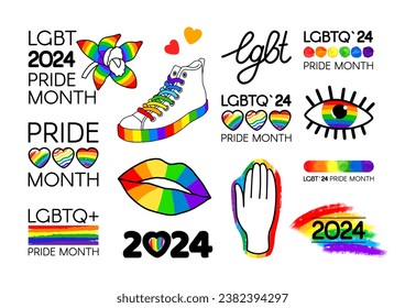 Big Set von LGBT Pride Monat 2024. Pinselstriche, Logos, Symbole und Aufkleber der LGBT-Flagge. Menschenrechte und Toleranz. Vektorgrafik einzeln auf weißem Hintergrund.