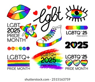 big Set del Mes del Orgullo LGBT 2025. Pincelada de la bandera LGBT, logotipos, símbolos y pegatinas. Derechos humanos y tolerancia. Ilustración vectorial aislada sobre fondo blanco.