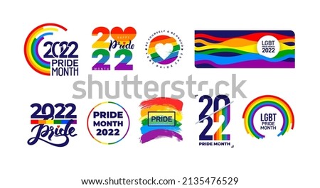 Big set of LGBT Pride Month 2022. Celebrated annual. LGBT flag brush stroke. Pride day line abstract logo. Human rights and tolerance. Vector illustration isolated on white background.