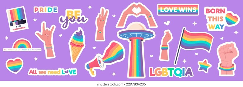 Big set of LGBTQ community symbols with rainbow flag colored elements, pride symbols. Pride month slogan and phrases stickers. Gay parade celebration. Vector Illustration