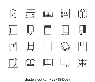 Gran conjunto de iconos de línea de biblioteca. Ilustración vectorial aislada en un fondo blanco. Símbolos de calidad premium. Iconos vectoriales de trazo para el concepto o gráficos web. Sencillos signos de línea delgada.