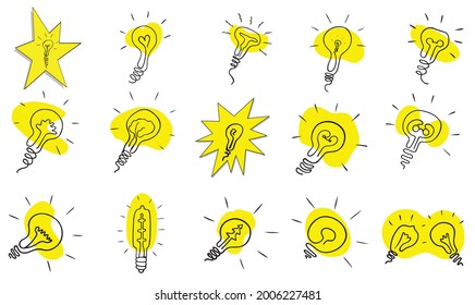 Gran conjunto de bombillas de luz con iconos planos. 15 ilustraciones vectoriales en un sencillo estilo de contorno. Elemento gráfico de dibujos de dibujos animados para diseño, logotipo, impresión, web, etc.
