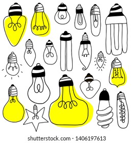 Big set of light bulbs on a white background. Doodle style. Vector illustration. 