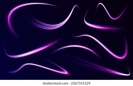 Big set of light neon lines in the form of swirl and spirals. Expressway in long delay, with car lights at night on autobahn. Vector glitter light fire flare trace.	