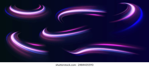 Big set of light neon lines in the form of swirl and spirals. Neon color glowing lines background, high-speed light trails effect.	