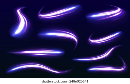 Gran conjunto de líneas de neón ligero en forma de remolino y espirales. Fondo de líneas brillantes de color de neón, efecto de rastros de luz de alta velocidad.	